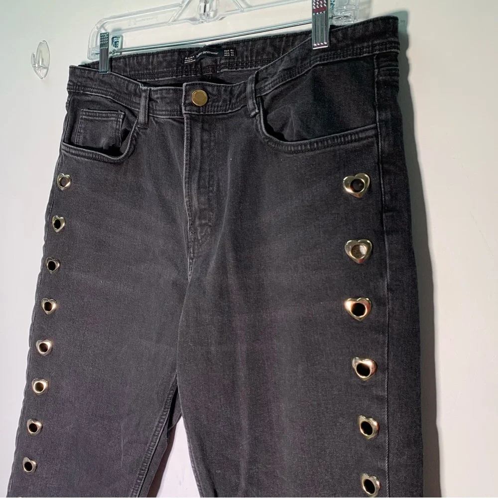 ZARA K BLACK JEANS WITH HEARTS ON THE SIZE SIZE 10 raw hem skinny - Picture 6 of 14